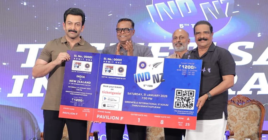 Prithviraj Sukumaran inaugurates the sale of tickets for the January 31st T20I match in Thiruvananthapuram. Photo: KCA
