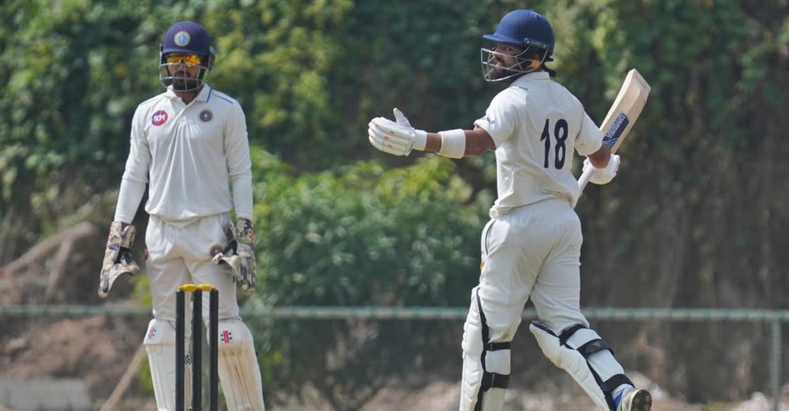 Manan Vohra celebrates his century for Chandigarh against Kerala on Day 2 of their Ranji Trophy match at Mangalapuram in Thiruvananthapuram on January 23, 2026. Photo: KCA