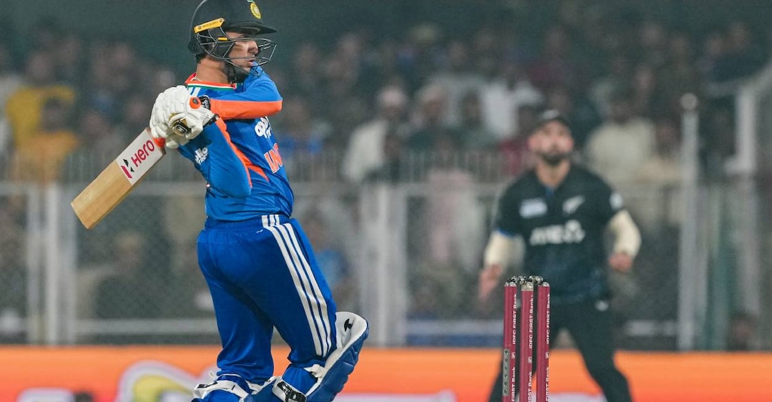 India's Abhishek Sharma plays a shot during the third T20I cricket match between India and New Zealand, at ACA Stadium, Barsapara in Guwahati on Sunday. Photo: PTI