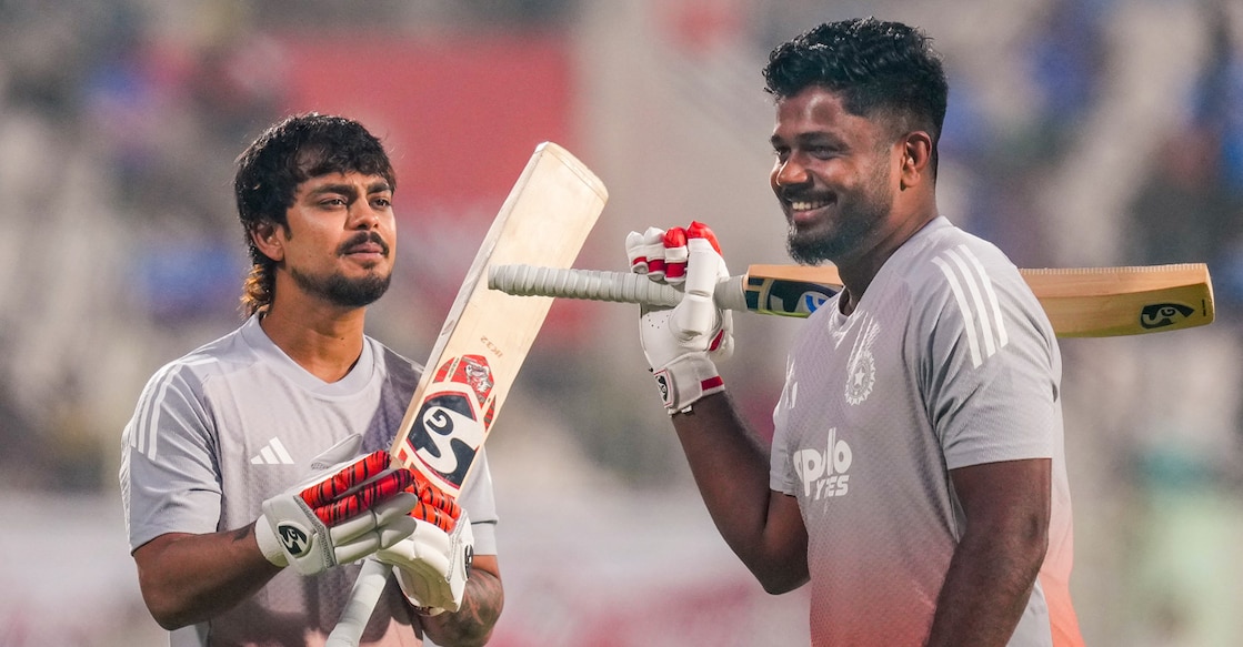 India's Ishan Kishan and Sanju Samson during a warm-up session before the start of the fourth T20I against New Zealand at ACA-VDCA Cricket Stadium in Visakhapatnam on January 28, 2026. Photo: PTI