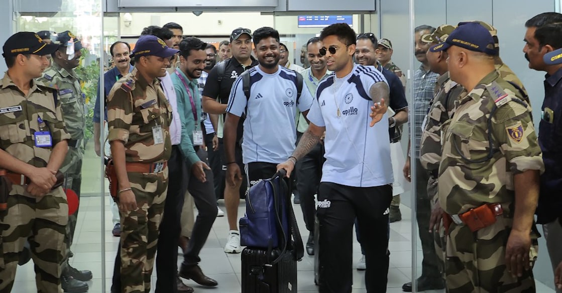 Suryakumar Yadav makes way for Sanju Samson as Team India arrived at the Thiruvananthapuram Airport on January 29, 2026. Photo: KCA