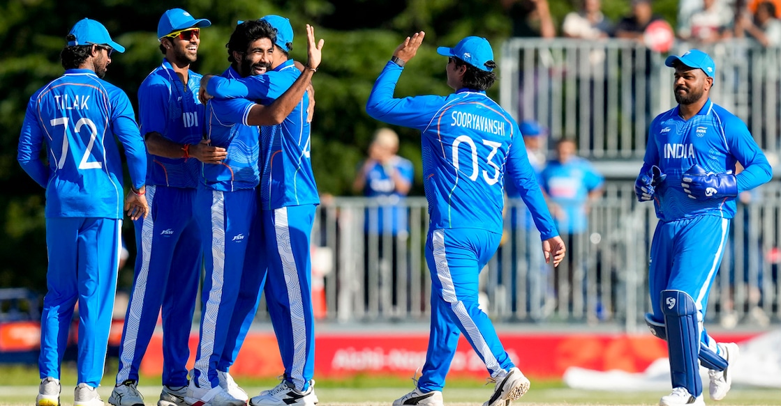 Nisshin: India's Jasprit Bumrah, third right, celebrates with teammates after taking the wicket of Sri Lanka's Sineth Jayawardena during the second semifinal T20I cricket match between India and Sri Lanka, at the 20th Asian Games, in Nisshin, Japan, Thursday, Oct. 1, 2026. (PTI Photo/Arun Sharma) (PTI10_01_2026_000073A) *** Local Caption *** 
