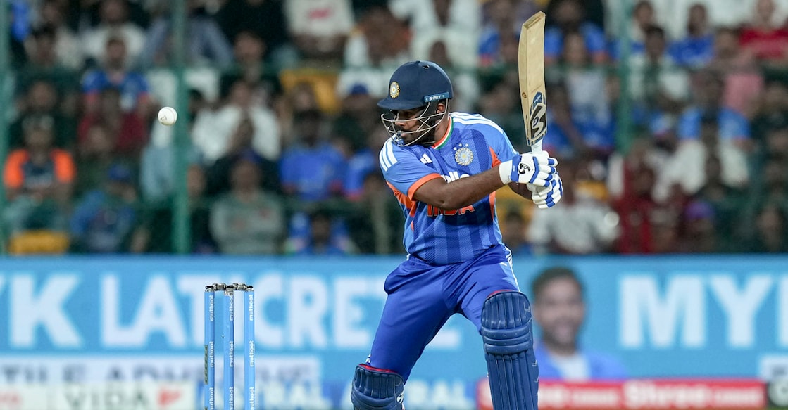 Bengaluru: India's Sanju Samson plays a shot during the fifth and final T20I cricket match of the series between India and West Indies, in Bengaluru, Saturday, Oct. 17, 2026. (PTI Photo/Shailendra Bhojak)(PTI10_17_2026_000446B) *** Local Caption *** 