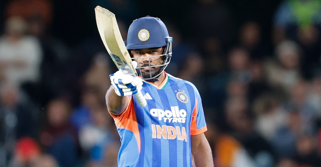 Sanju Samson of India raises his bat after scoring a fifty during the 1st T20I match between New Zealand and India at the Hagley Oval, Christchurch, New Zealand on October 22, 2026.Photo: Surjeet Yadav / CREIMAS for BCCI