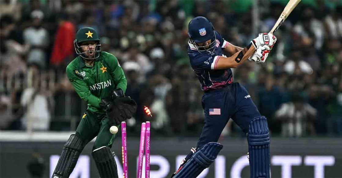 USA's Sanjay Krishnamurthi is clean bowled during match against Pakistan at the Sinhalese Sports Club Ground in Colombo on Tuesday. Photo: AFP/ Ishara S Kodikara)