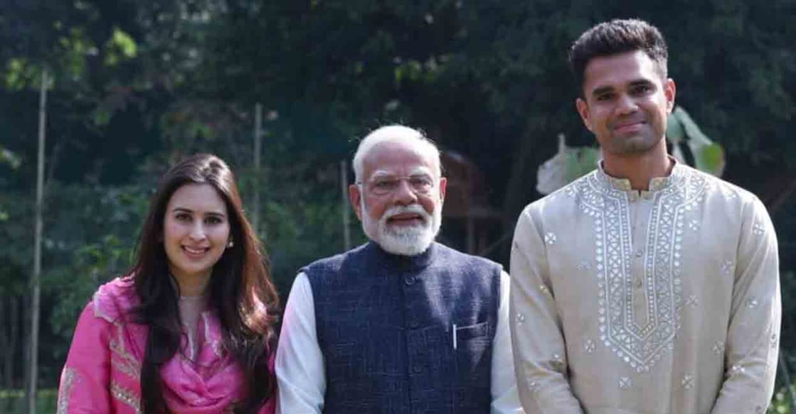 Saaniya Chandhok and Arjun Tendulkar with Prime Minister Narendra Modi. Photo: X/Sachin Tendulkar