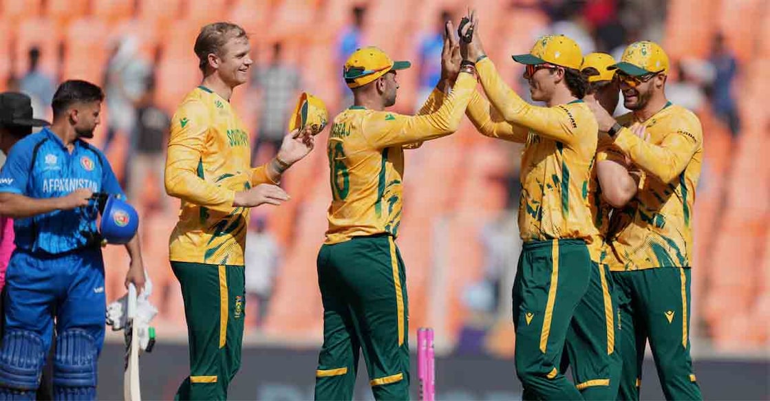 South Africa cricketers celebrate the win over Afghanistan in Super Over during the T20 World Cup match in Ahmedabad on Wednesday. Photo: PTI
