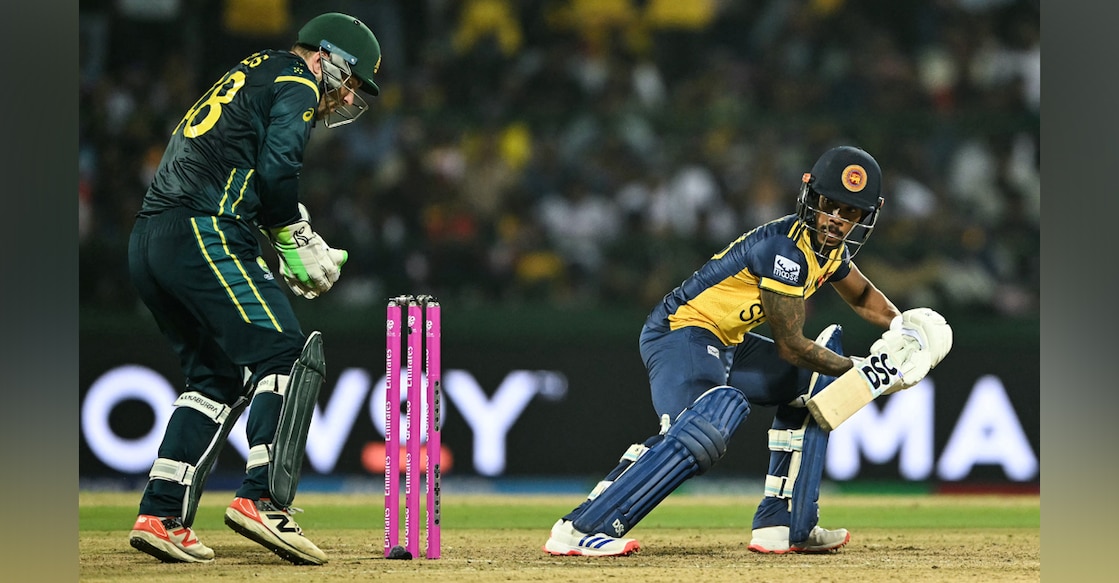 Sri Lanka's Pathum Nissanka (R) plays a shot during the 2026 ICC Men's T20 Cricket World Cup group stage match against Australia. Photo: AFP