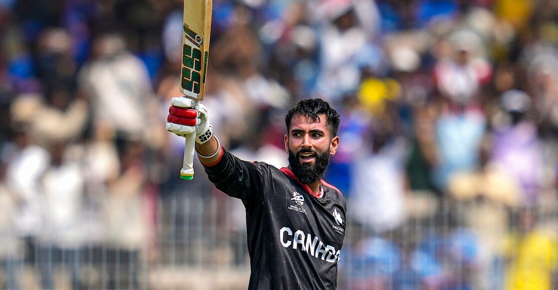 Canada's Yuvraj Samra celebrates after scoring a century during the ICC Men's T20 World Cup 2026 cricket match against New Zealand at the MA Chidambaram Stadium in Chennai on February 17, 2026. Photo: PTI