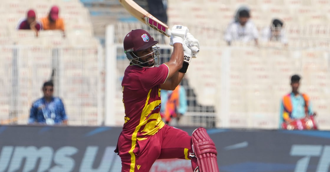 West Indies' captain Shai Hope plays a shot during the ICC Men's T20 World Cup match against Italy at Eden Gardens in Kolkata on February 19, 2026. Photo: PTI