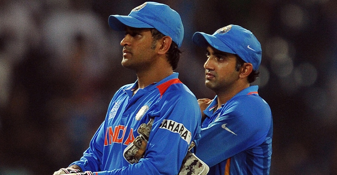 In this file photo from October 2, 2012, then Indian cricket captain Mahendra Singh Dhoni poses with Gautam Gambhir during the ICC Twenty20 Cricket World Cup's Super Eight match against South Africa at the R Premadasa International Cricket Stadium in Colombo. File photo: AFP/ Lakruwan Wanniarachchi