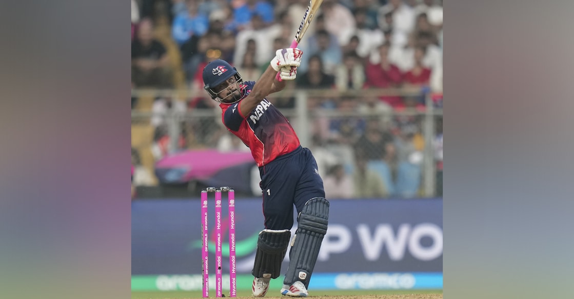 Nepal's Lokesh Bam plays a shot during an ICC Men's T20 World Cup 2026 cricket match between England and Nepal. Photo: PTI