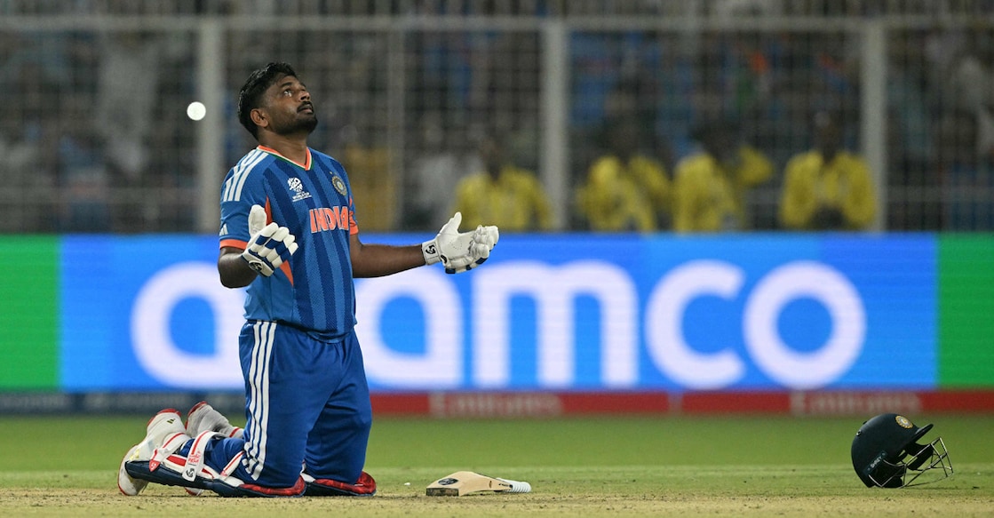 India's Sanju Samson celebrates his team's win against West Indies at the end of their 2026 ICC Men's T20 Cricket World Cup Super Eights match in the Eden Gardens in Kolkata on March 1, 2026. Photo: AFP/ Dibyangshu Sarkar