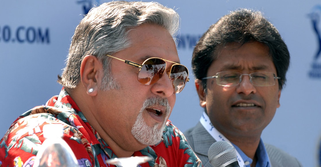 In this file photo from February 6, 2009, Vijay Mallya, then owner of Royal Challengers Bangalore, speaks in the presence of Lalit Modi during an Indian Premier League player auction in Goa. File photo: AFP