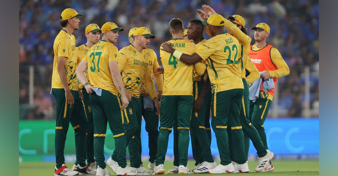 A file photo of South Africa's Aiden Markram celebrating with teammates after taking the wicket of India's Ishan Kishan, caught out by Ryan Rickelton. Photo: Reuters