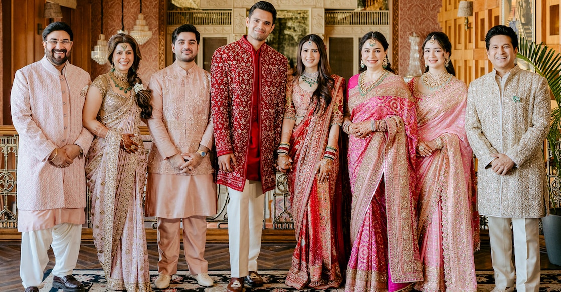 Arjun Tendulkar and Saaniya Chandhok pose with their family members during their wedding ceremony in Mumbai on March 5, 2026. Photo: PTI