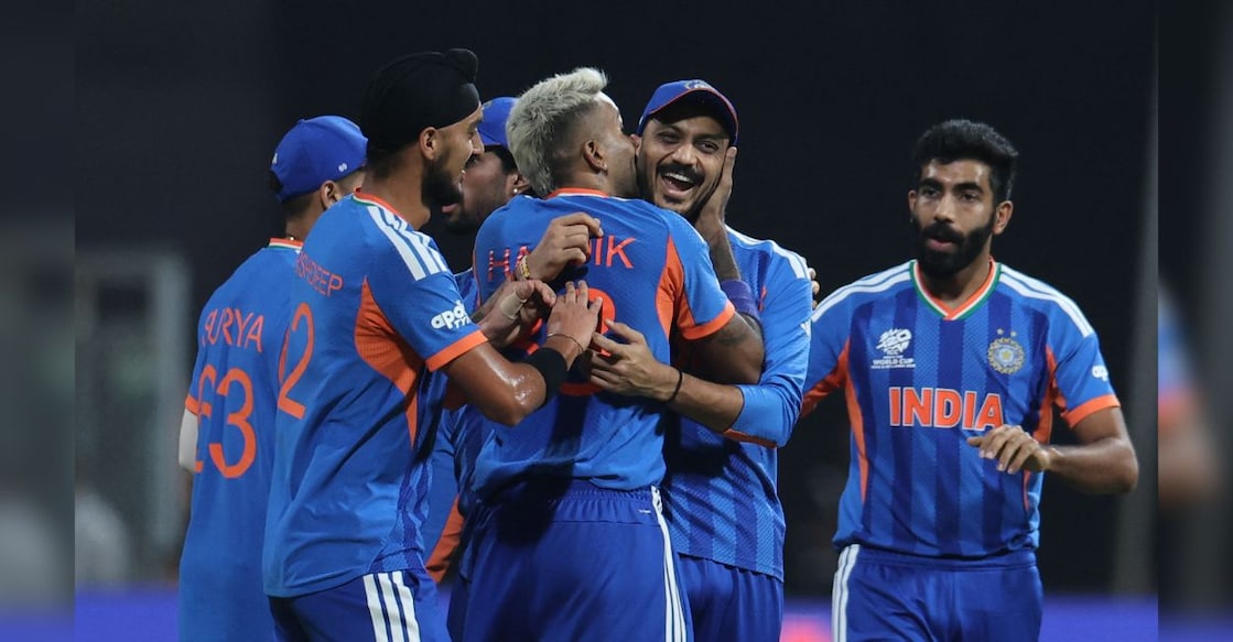 India's Hardik Pandya and Axar Patel celebrate the wicket of England's Phil Salt in the Semi Final of ICC Men's T20 World Cup 2026. Photo: REUTERS/Francis Mascarenhas