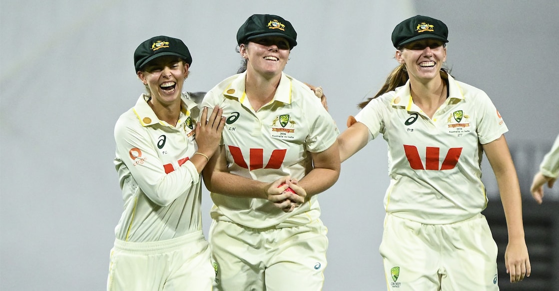 Australia players celebrate taking a wicket against India during the one-off Test match at Perth. Photo: X/@cricketcomau