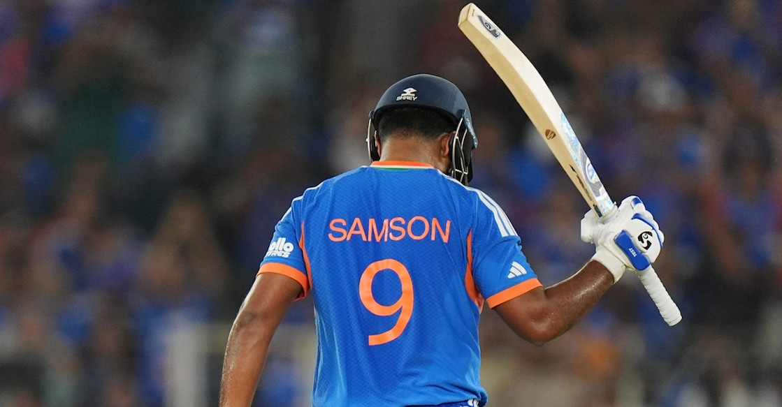 India's Sanju Samson celebrates his fifty in the T20 World Cup final against New Zealand at the Narendra Modi Stadium in Ahmeabad on March 8, 2026. Photo: PTI
