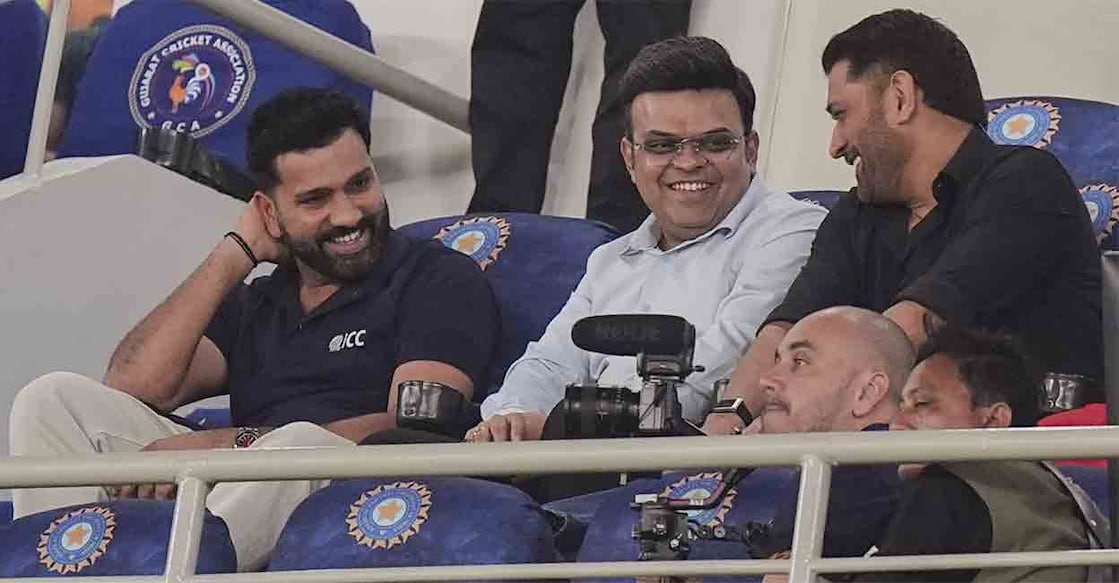 MS Dhoni (right), Rohit Sharma (left) with ICC Chairman Jay Shah during the ICC Men's T20 World Cup 2026 final at the Narendra Modi Stadium in Ahmedabad on Sunday. Photo: PTI/Kunal Patil