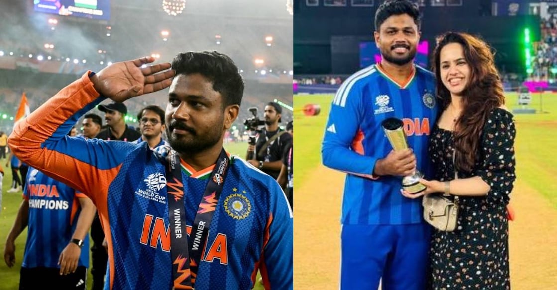 This combination of photos show Sanju Samson greets his fans after the match and poses for a photo with his wife . Photo: AFP. Instagram/charulatha_remesh/