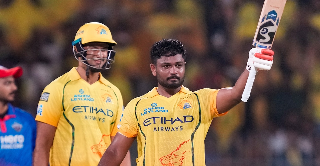 Sanju Samson of CSK celebrates his century against Delhi Capitals in the IPL in Chennai on April 11, 2026. Photo: PTI