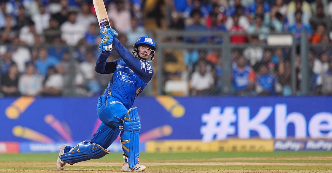 Mumbai Indians' Quinton de Kock plays a shot during an IPL 2026 match against Punjab Kings at the Wankhede Stadium in Mumbai on April 16, 2026. Photo: PTI