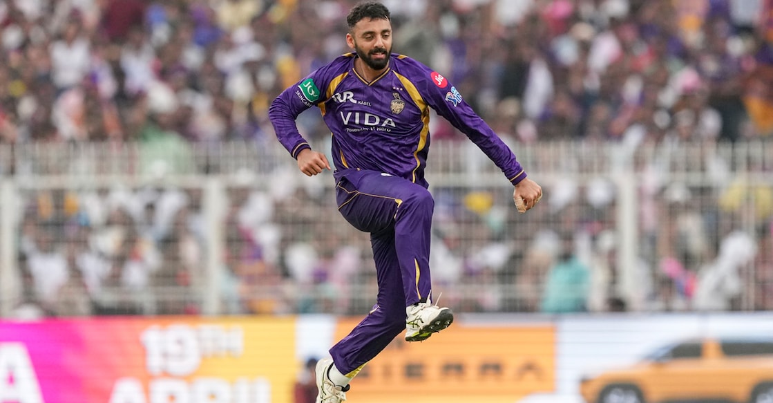 Kolkata Knight Riders' Varun Chakravarthy celebrates after taking the wicket of Rajasthan Royals' captain Riyan Parag during an IPL 2026 match at the Eden Gardens in Kolkata on April 19, 2026. Photo: PTI