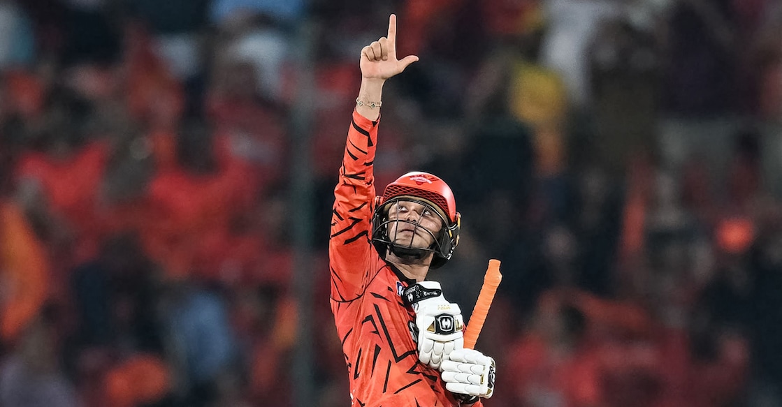 Sunrisers Hyderabad's Abhishek Sharma celebrates after scoring a century against Delhi Capitals in an IPL 2026 match at the Rajiv Gandhi International Stadium in Hyderabad on April 21, 2026. Photo: AFP/ Noah Seelam