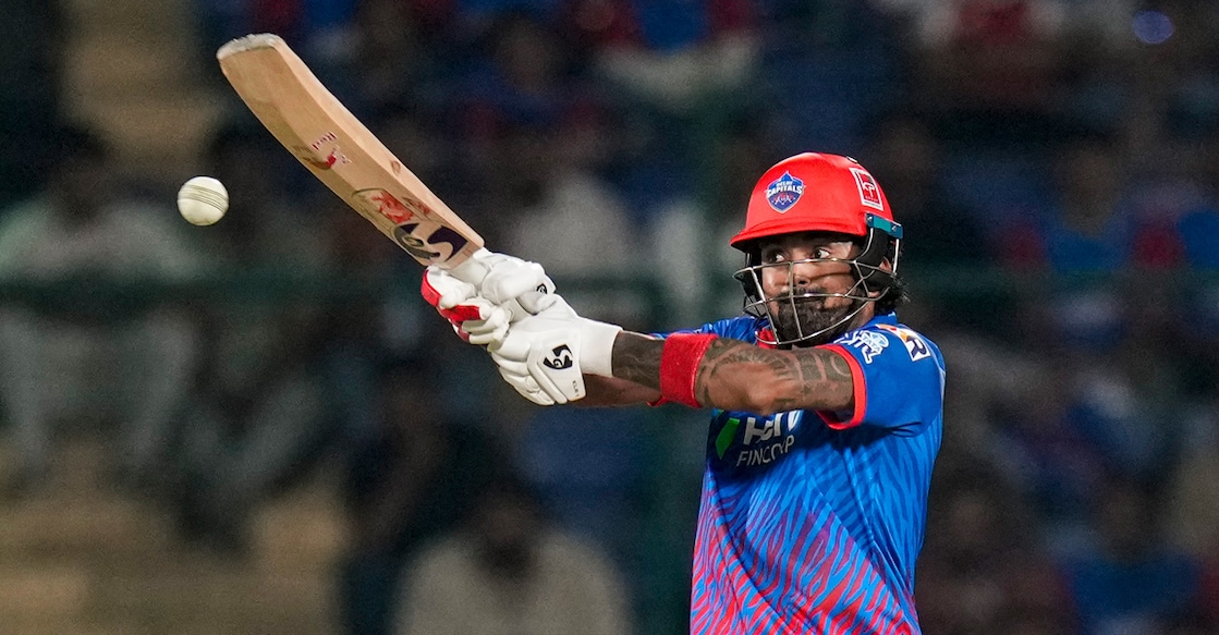 Delhi Capitals' KL Rahul plays a shot during an IPL 2026 match against Gujarat Titans in New Delhi on April 8, 2026. Photo: PTI