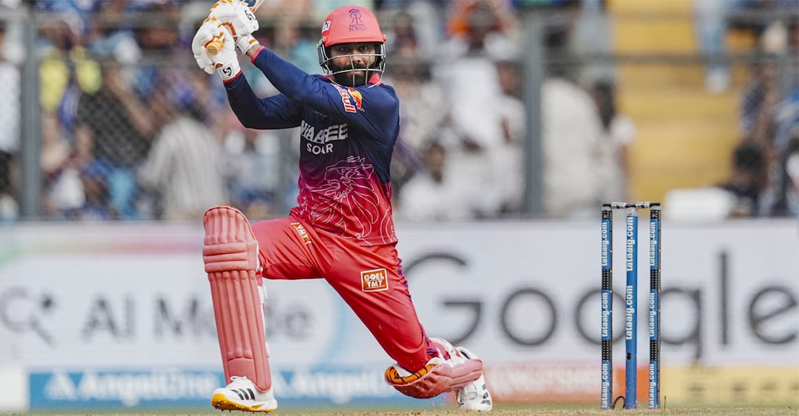 Ravindra Jadeja plays a shot during an IPL 2026 T20 cricket match between the Mumbai Indians and the Rajasthan Royals, in Mumbai, Maharashtra, Sunday, May 24, 2026. Photo: PTI
