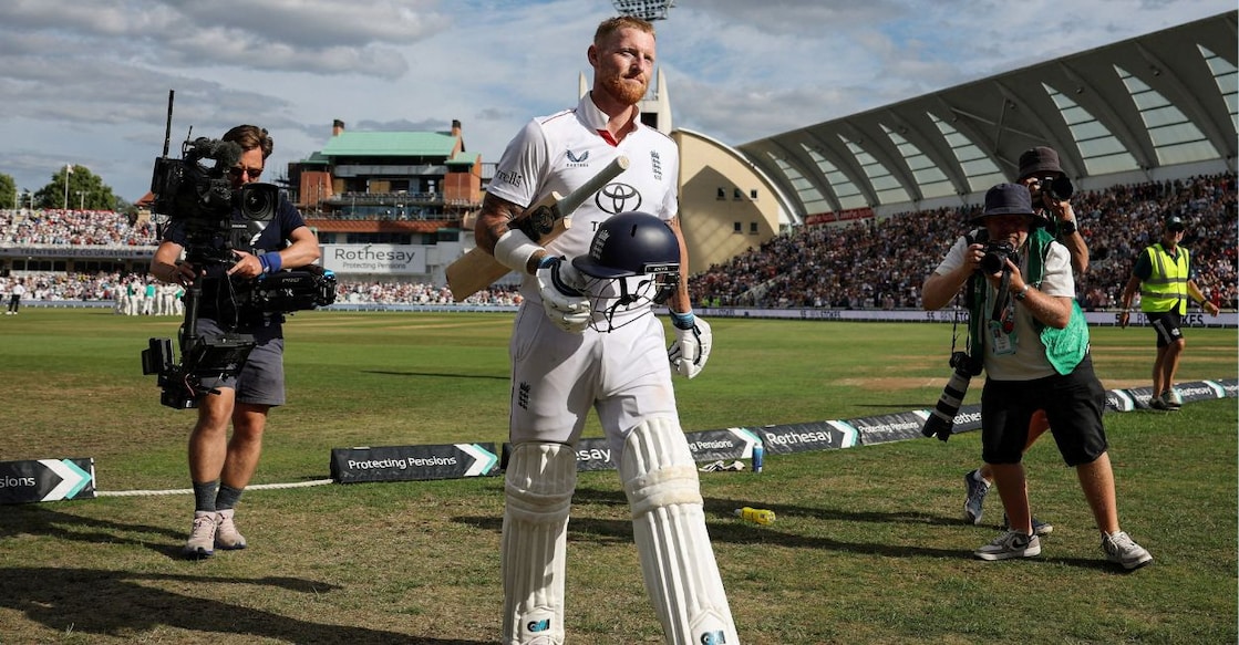 England's Ben Stokes walks back to the pavilion after losing his wicket off the bowling of New Zealand's Zak Foulkes. Photo: Reuters
