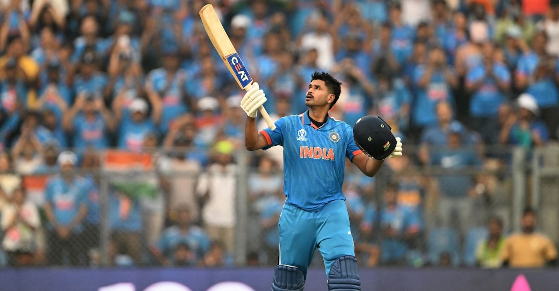 A file photo of Shreyas Iyer celebrating after scoring a century against New Zealand during the 2023 ICC Men's Cricket World Cup match. Photo: AFP