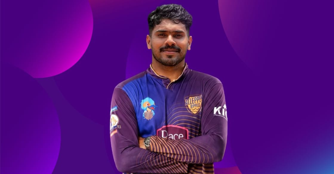 Sibin Gireesh. Photo: Facebook/ Kerala Cricket League T20/ Canva
