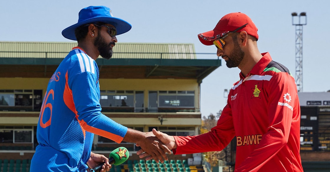 India's captain Shreyas Iyer and Zimbabwe's captain Sikandar Raza during the toss. Photo: AFP