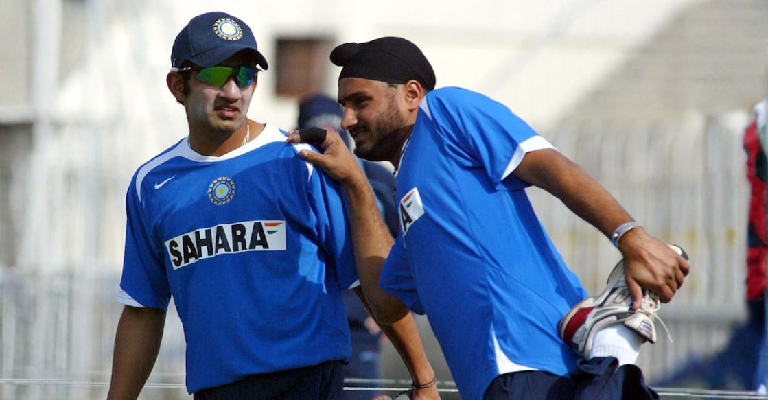 A file photo of Gautam Gambhir and Harbhajan Singh (R) during a practice session at the Pindi Cricket Stadium in Rawalpindi, February 10, 2006. Photo: AFP