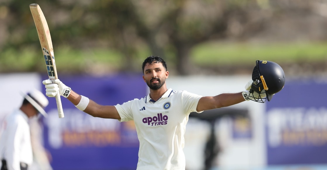 Devdutt Padikka celebrates scoring a ton against Sri Lanka. Photo: X/@BCCI