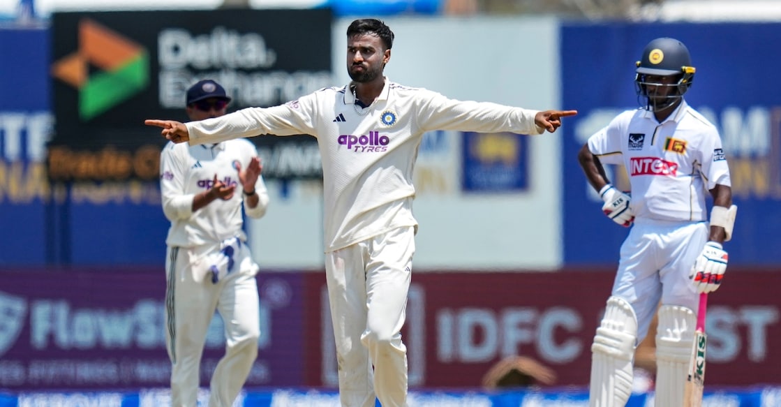 India's Manav Suthar(C) celebrates after taking a wicket of Sri Lanka's Prabath Jayasuriya. Photo: PTI