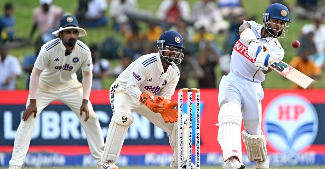 Sri Lanka's Sonal Dinusha (R) plays a shot as India's KL Rahul (L) and Rishabh Pant (C) gesture during the fifth day of the second Test cricket match between Sri Lanka and India at the Sinhalese Sports Club Ground in Colombo. Photo: Ishara S / AFP.