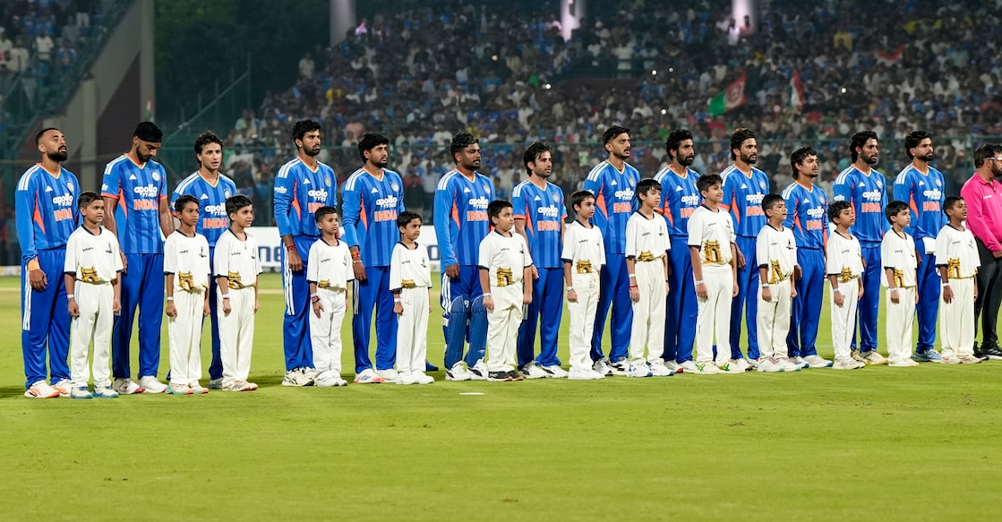 New Delhi: Indian players at national anthem before the first T20I cricket match between India and Afghanistan, in New Delhi, Sunday, Sept. 13, 2026. (PTI Photo/Money Sharma)(PTI09_13_2026_000381A)