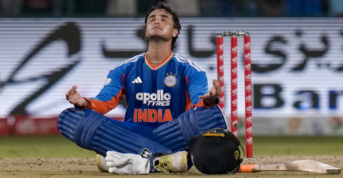 India's Abhishek Sharma celebrates after scoring a century against Afghanistan in the third T201. Photo: PTI