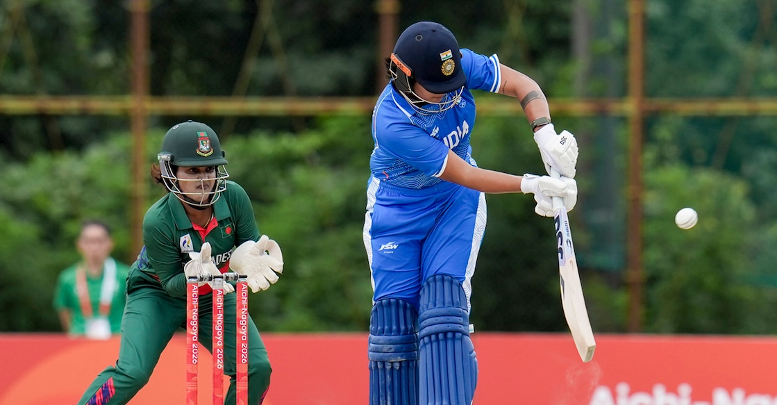 Nisshin: India’s Shafali Verma plays a shot during the second semifinal T20I cricket match between India’s women and Bangladesh’s women in the ongoing Asian Games 2026, at Aichi Prefectural Korogi Sports Park in Nisshin, Japan, Sunday, Sept. 20, 2026. (PTI Photo/Arun Sharma)(PTI09_20_2026_000073B) *** Local Caption *** 