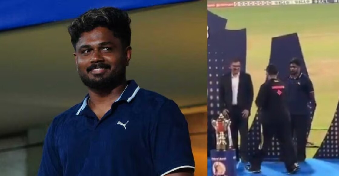 A combination image showing Sanju Samson (L) and Sreesanth walking past Sanju during the KCL final. Photo: Special arrangement