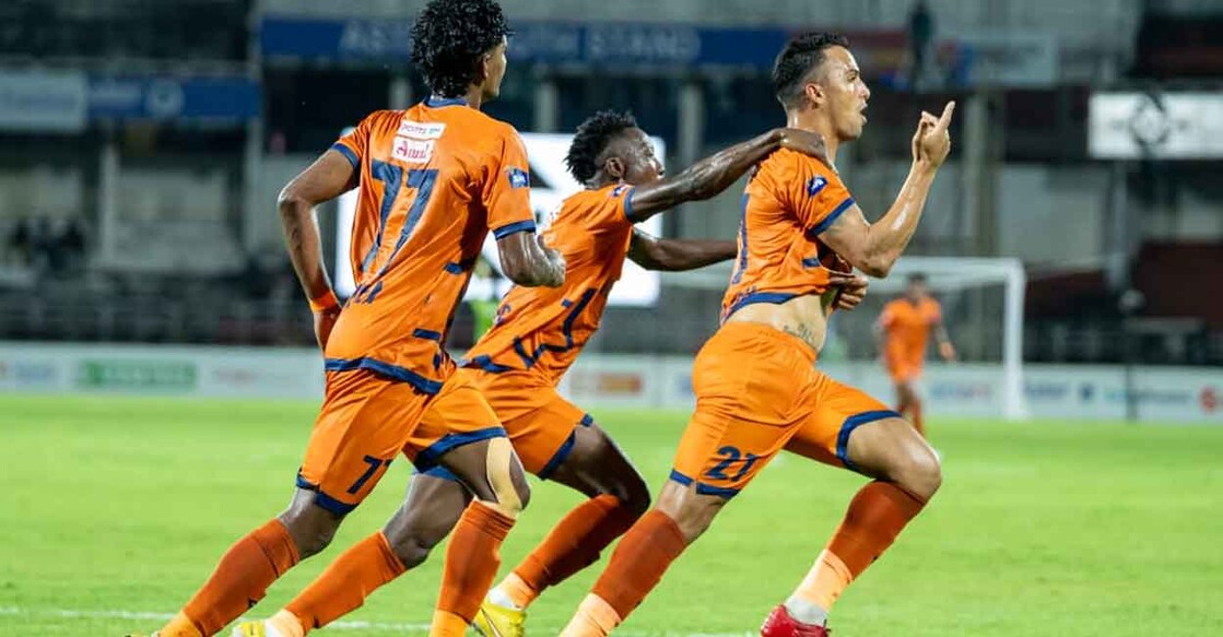 Mailson Alves of Thrissur Magic celebrates his goal against Calicut FC in the Super League Kerala at the EMS Corporation Stadium in Kozhikode on October 11, 2025. Photo: SLK