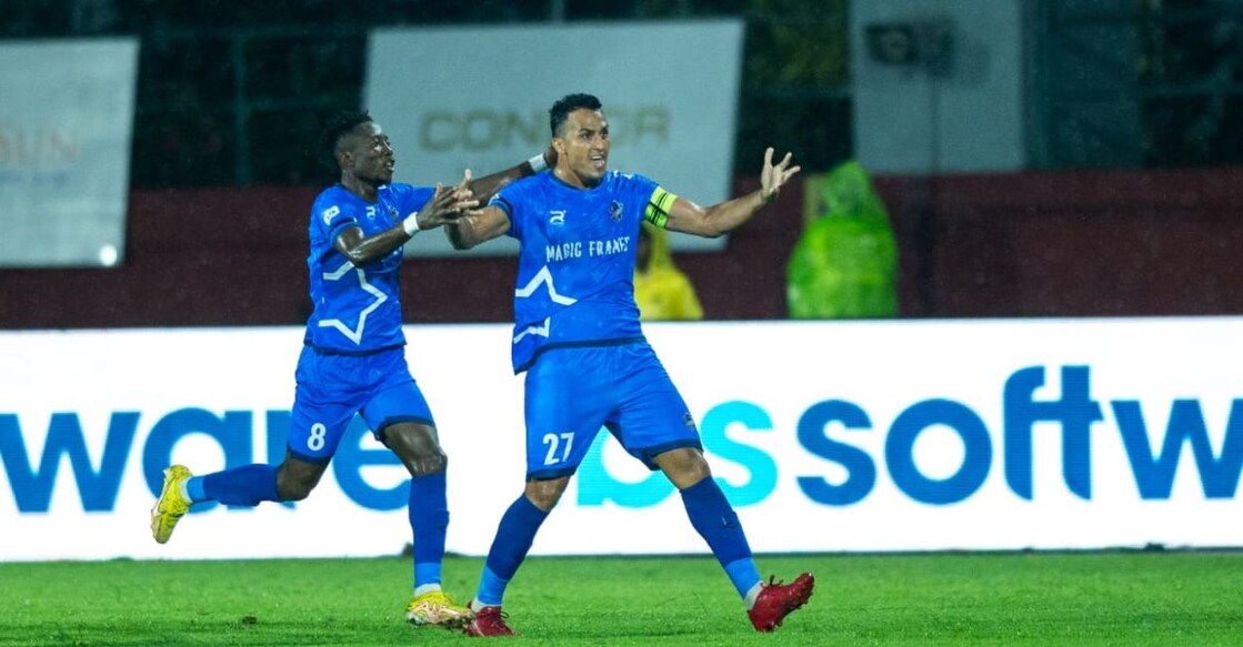 Thrissur Magic captain Mailson Alves celebrates his goal against Thiruvananthapuram Kombans in a Super League Kerala match at the Chandrasekharan Nair Stadium in Thiruvananthapuram on October 17, 2025. Photo: SLK