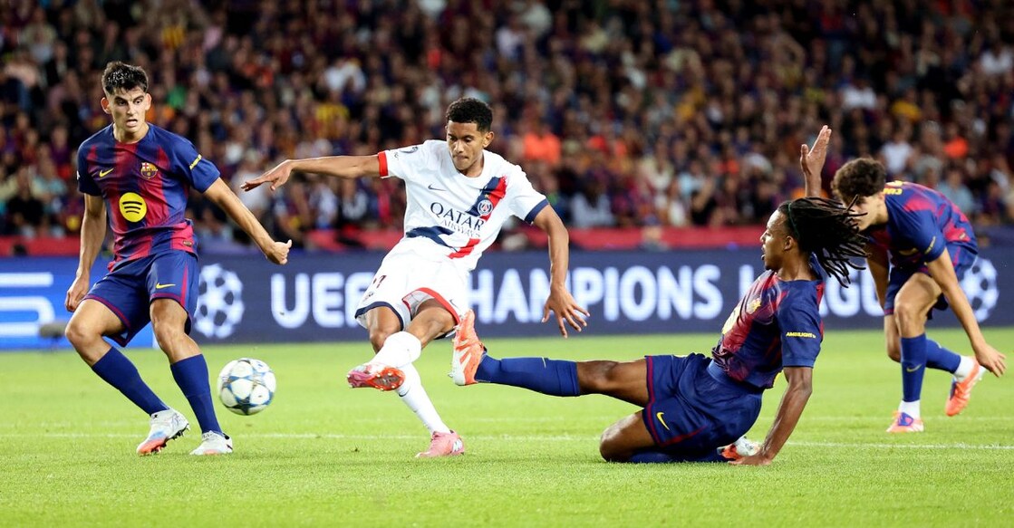 Paris St Germain's Senny Mayulu scores their first goal. Photo: REUTERS/Nacho Doce