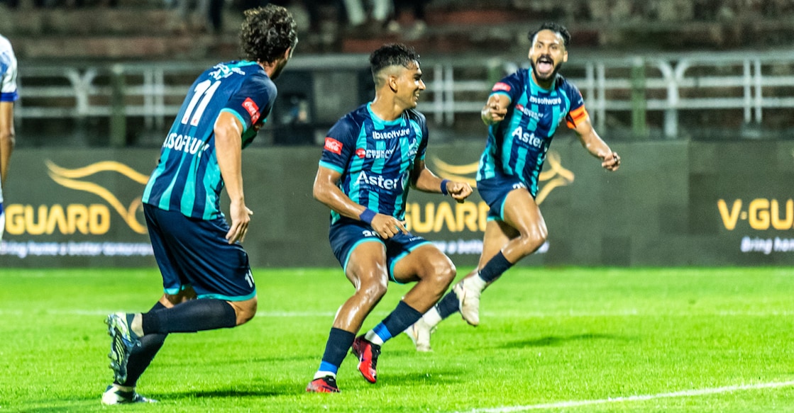 Calicut FC players celebrate their goal against Kannur Warriors in the Super League Kerala at the Corporation Stadium in Kozhikode on October 29, 2025. Photo: Special arrangement
