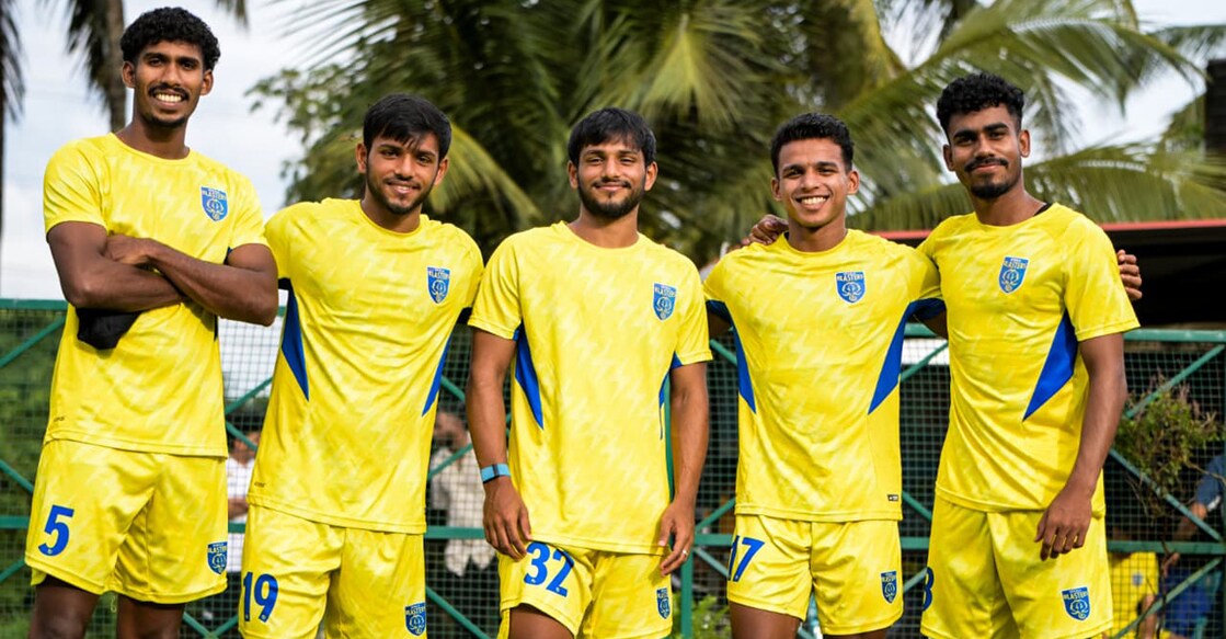 Kerala Blasters’ Malayali players pose in training ahead of the Super Cup opener. Photo: KBFC
