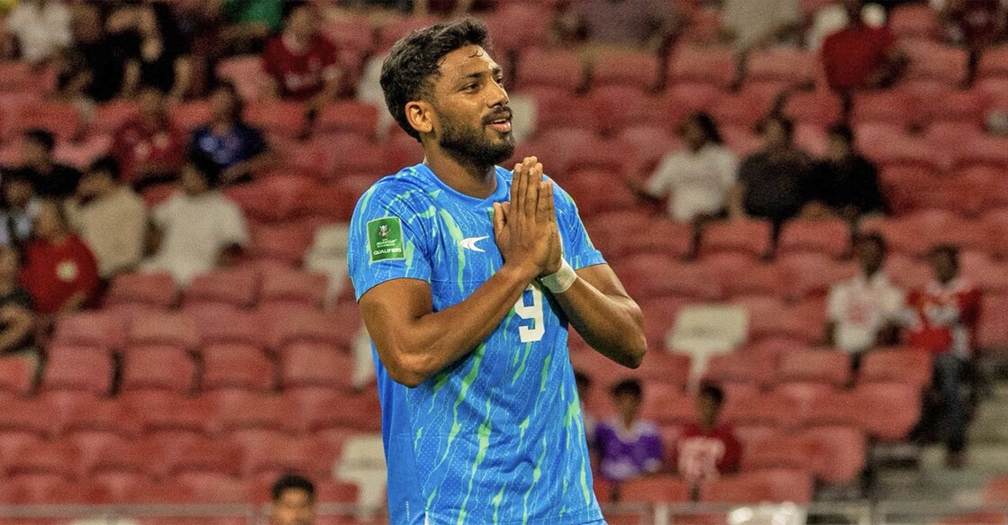 Rahim Ali celebrates is maiden goal for India against Singapore in the AFC Asian Cup third round qualifier in Singapore on October 9, 2025. Photo: AIFF