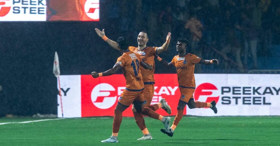 Players of Thrissur Magic celebrate a goal against Malappuram FC in the Super League Kerala at the Corporation Stadium in Thrissur on November 14, 2025. Photo: SLK